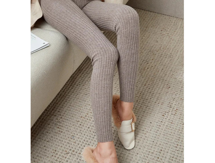 100% Merino Wool Striped Leggings Women's Winter Warm Knitted Tights Solid Color Women's Trousers PlatiNum