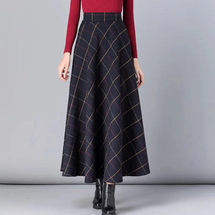 New Women Thick Woolen Skirt Autumn Winter Fashion Elastic High Waist A-Line Long Plaid Skirt Elegant Easy Match Wool Skirt PlatiNum