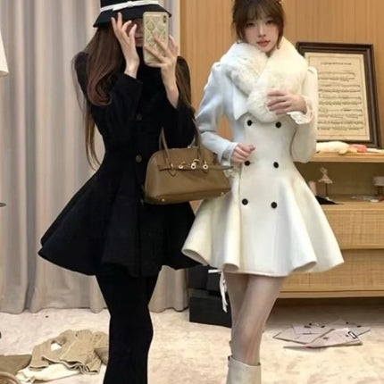 Elegant Warm Winter Fur Collar Woolen Coat Women French Style Hepburn Slim Mid-length Outwear 2025 Vintage Lolita Chic Outfits
