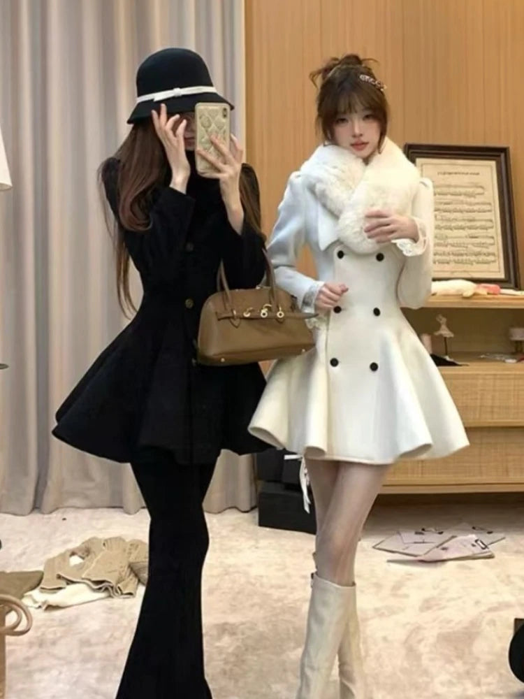 Elegant Warm Winter Fur Collar Woolen Coat Women French Style Hepburn Slim Mid-length Outwear 2025 Vintage Lolita Chic Outfits