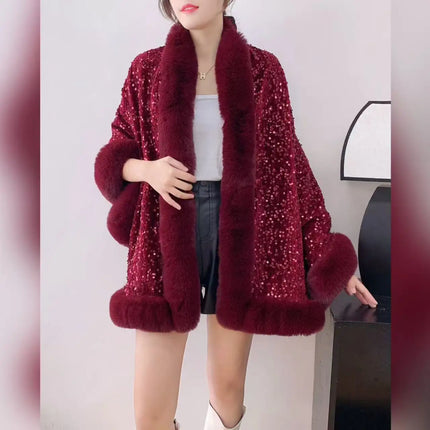 ZADORIN Fashion Sequins Long Furry Warm Faux Fur Coat Woman Autumn Winter Fur Cape Ponch Wedding Party Fur Shawl Cloak Cardigans