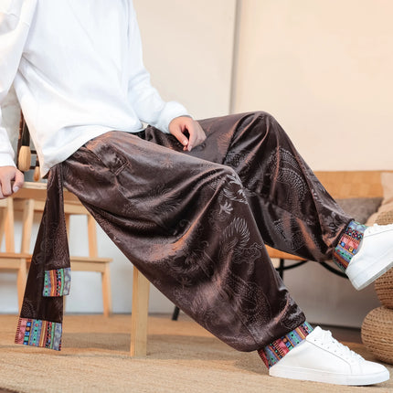 Pantaloni da uomo Kung Fu Tai Chi Pantaloni casual tradizionali da uomo stile cinese retrò allentato fiore scuro drago stampa pantaloni a gamba larga da uomo