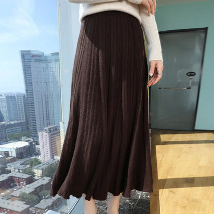 100% Pure Mink Pleated Skirts Women's Elastic High Waist Knitted Dress Fashion Joker Loose Big Swing Skirt Thick Umbrella Skirt PlatiNum