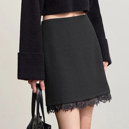 AMII Minimalist Mini Skirt 2025 Winter New Short Wool Warm Skirts For Women Patchwork Lace Casual Solid Clothing Ladies 12544125 PlatiNum