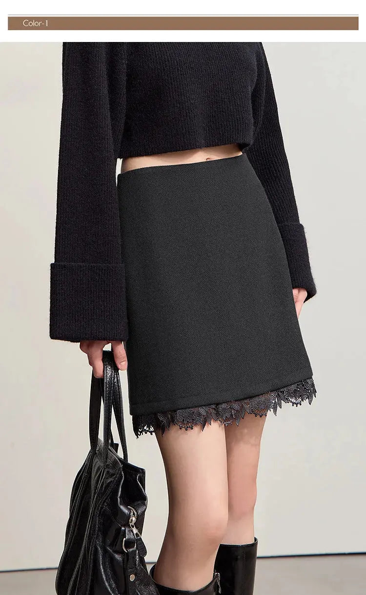 AMII Minimalist Mini Skirt 2025 Winter New Short Wool Warm Skirts For Women Patchwork Lace Casual Solid Clothing Ladies 12544125 PlatiNum