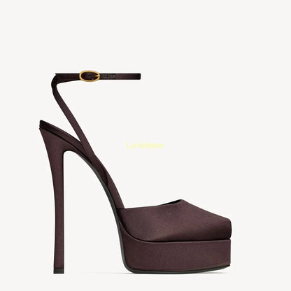 Platform Peep Toe Satin Slingback Pumps Sexy Square Toe Thin Heel Ankle Strap New Arrivals Fashion Women Modern Shoes