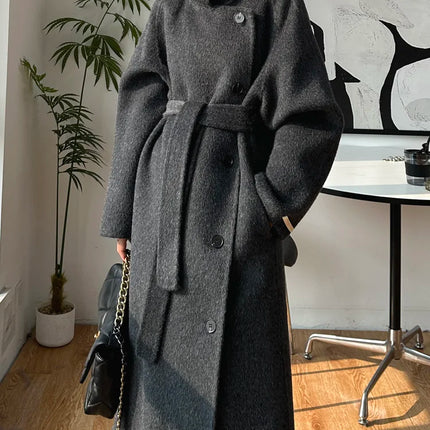 Korean Fashion Dark Gray Stand Collar 100%Wool Coat Women Long Winter Jacket