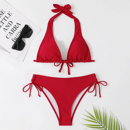 Costume da bagno bikini sexy con laccetti al collo a vita bassa nero/rosso/rosa, due pezzi, stile brasiliano, in saldo platinumshop