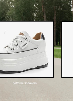 Fujin 9cm 3 inch comfortable platform sneakers for women Genuine Leather Women Vulcanized Shoes Platform High Heels Casual Shoes PlatiNum