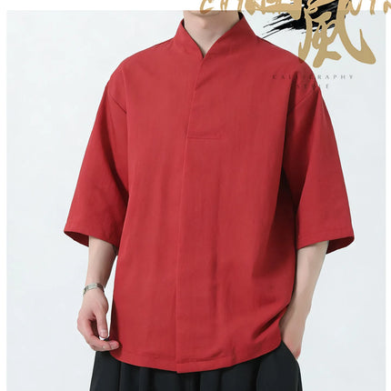 Camicie da uomo estive in lino di alta qualità, tinta unita, a maniche corte, stile cinese tradizionale, per Kung Fu e Tai Chi