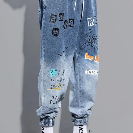 Men's Distressed Denim Pants Cuffed, Artistic Gradient Harem Jeans, Oversized Hip Hop Trousers for Spring Fall Versatile Outfits PlatiNum