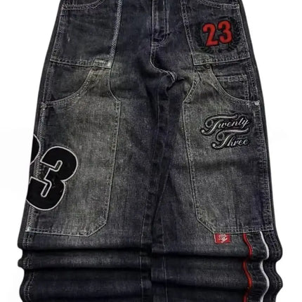 Jeans in denim lavato con ricamo a lettere stile Y2K, tasche grandi, vestibilità ampia, per donna, retrò, high street, trendy, hip hop, wild, a gamba larga