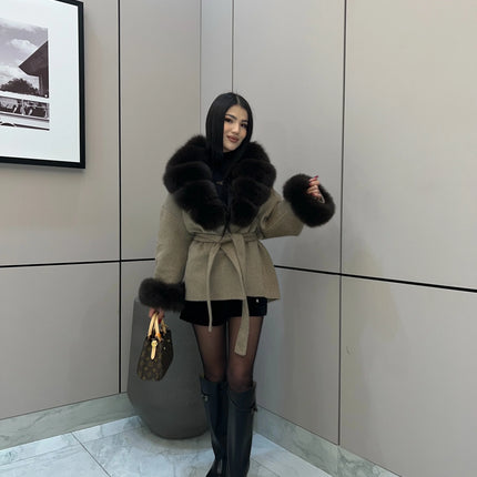 Solid Color Faux Fur Collar Cuff Wool Coat Women Belted Waist Short Jacket 2026 Winter Lady Street Daily Party Casual Outwear