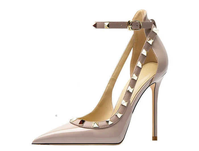 Sandali da donna primavera estate con rivetti Scarpe singole da donna con punta coperta e tacco alto Scarpe eleganti eleganti con cinturino alla caviglia platinumshop