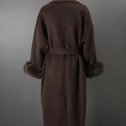 UCXQ Elegant Woolen Coat Temperament Office Lady Overcoats Fur Patchwork Long Sleeve Beautiful Women's Coats 2025 Winter New