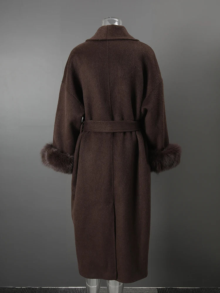 UCXQ Elegant Woolen Coat Temperament Office Lady Overcoats Fur Patchwork Long Sleeve Beautiful Women's Coats 2025 Winter New