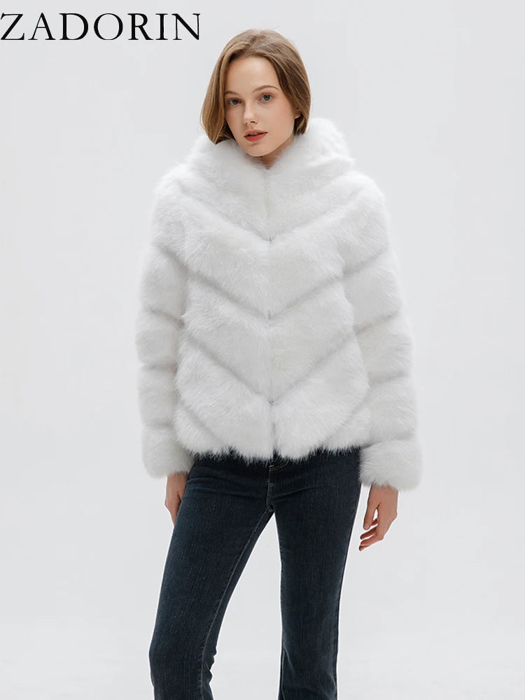 ZADORIN Fashion Hooded Splicing Fluffy Jacket Women Winter Long Sleeve White Faux Fur Coat Woman Clothing New in Coats & Jackets