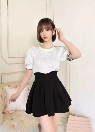 Minigonna a balze Lautaro Primavera Estate Nera Dolce Carina Kawaii a Vita Alta da Donna, Abbigliamento Cutecore Stile Giapponese Moda
