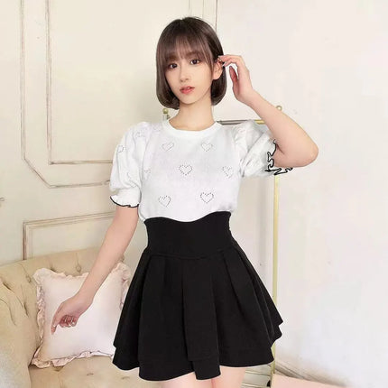 Lautaro Damen-Stufenminirock Frühling Sommer, Schwarz, Süß, Kawaii, Hohe Taille, Cutecore-Kleidung, Japanischer Modestil