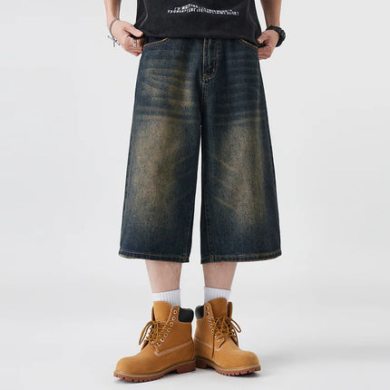 Pantaloncini Seven-Five in denim non elastico da uomo, vestibilità ampia, vestibilità ampia, versatile, stile semplice, casual