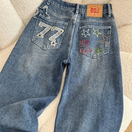 Jeans in denim a vita alta a gamba larga stile street americano con ricamo a stella, nuovo design da donna, pantaloni lunghi dritti e larghi