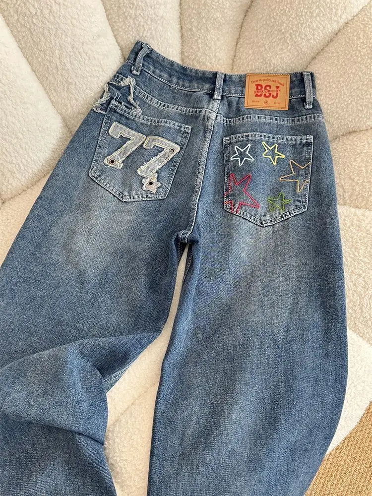Jeans in denim a vita alta a gamba larga stile street americano con ricamo a stella, nuovo design da donna, pantaloni lunghi dritti e larghi
