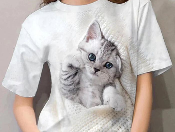 Maglietta modello gatto carino per donna Pet Animal 3D stampato maniche corte Tees estate Casual T-Shirt larghe Streetwear o - collo top - platinumshop