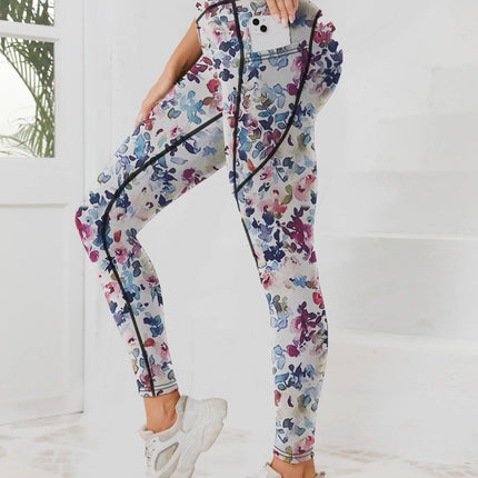 Printed women's high waistband pocket fitness pants paired with tight abdominal yoga pants, suitable for running, hiking, and sp PlatiNum