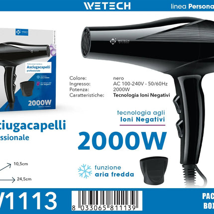 Negative Ion Blow Dryer WETECH 2000W Cool Shot For Curly Hair Voluminous Hairstyle Salon Diy Shaping