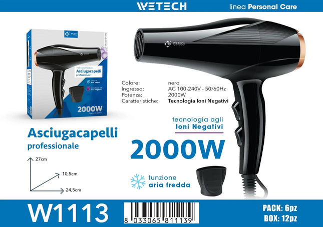 Negative Ion Blow Dryer WETECH 2000W Cool Shot For Curly Hair Voluminous Hairstyle Salon Diy Shaping