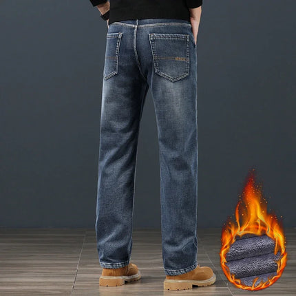 Winter Fleece Classic Loose Straight Men Jeans Warm Thicken Trousers Business Casual Velvet Elastic Denim Pants Plus Size 42 44