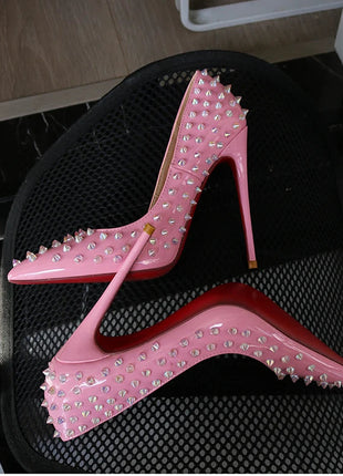 Tacchi alti tempestati di rosa, alla moda, bocca ultra poco profonda, punta a punta, tacco sottile, cielo odio, stile punk alto, 12 cm platinumshop