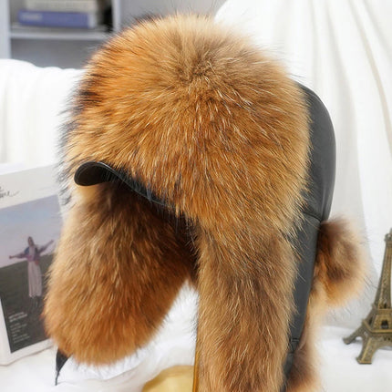 New Winter Men's 100% Real Silver Fox Fur Bomber Hat Raccoon Fur Ushanka Cap Trapper Russian Man Ski Hats Caps Real Leather