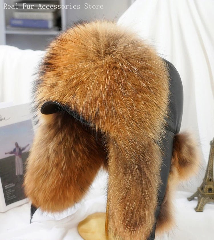 New Winter Men's 100% Real Silver Fox Fur Bomber Hat Raccoon Fur Ushanka Cap Trapper Russian Man Ski Hats Caps Real Leather