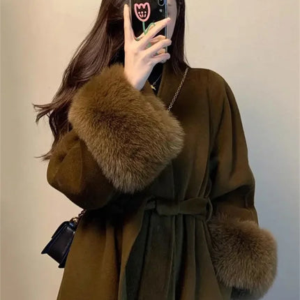 2025 New Spring Winter Warm Long Woolen Coat Women Elegant Warm Wool Blend Trench Coat With Belt Fashion Outerwear