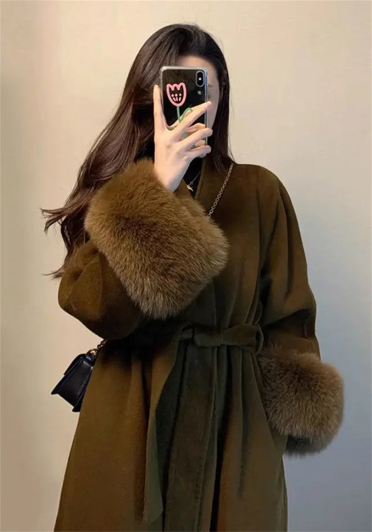 2025 New Spring Winter Warm Long Woolen Coat Women Elegant Warm Wool Blend Trench Coat With Belt Fashion Outerwear