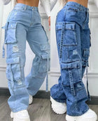 Jeans multitasche a vita alta da donna 2025 Nuovi pantaloni cargo versatili di grandi dimensioni in tinta unita alla moda