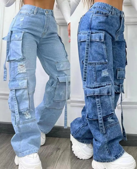 Jeans multitasche a vita alta da donna 2025 Nuovi pantaloni cargo versatili di grandi dimensioni in tinta unita alla moda