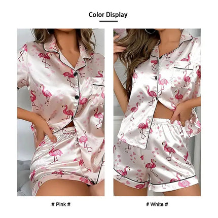 Pigiama da donna Pj Set Pigiama in raso con stampa a cuore Casual Manica corta Colletto con risvolto Top e pantaloni Indumenti da notte e pigiama per adulti platinumshop