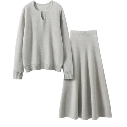 Chic Women Sweater Suite Skirt 100% Cashmere A-Line Skirt Autumn Winter Wave Skirt Elastic Knee Length Dress Sequins French Knit PlatiNum