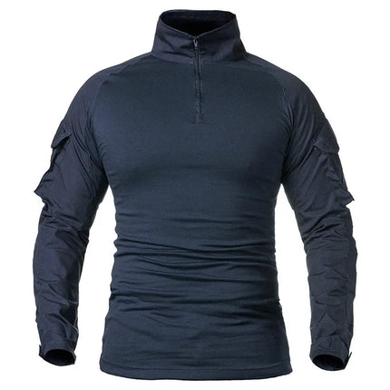 Men's Long Sleeve Combat Shirt 1/4 Zipper Ripstop Cotton Tactical Shirts Navy Blue Camoufalge Airsoft T Shirts PlatiNum