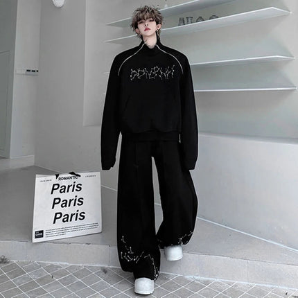 LUZHEN Fashion Street Two-piece Sets Men's Zipper Shoulder Design Long Sleeve Sweatshirt 2025 Autumn Loose Wide Leg Pants JY3912 PlatiNum