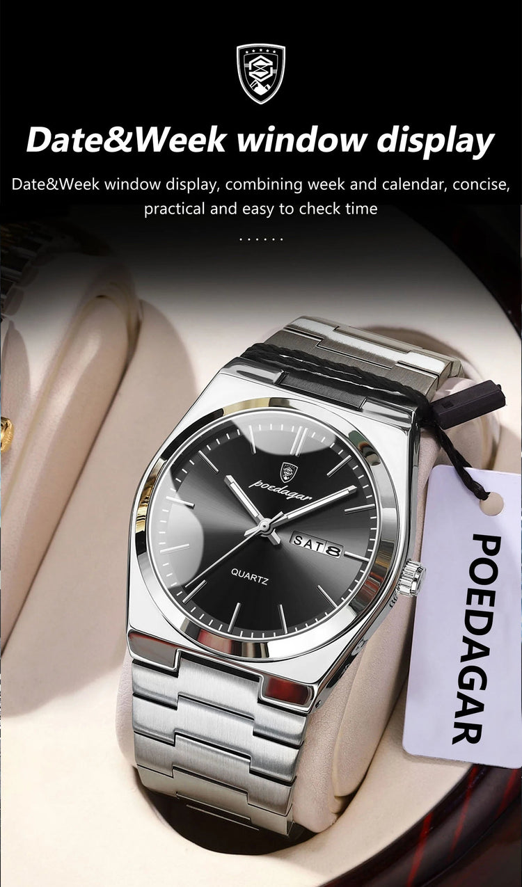 POEDAGAR Orologio da polso al quarzo da uomo di lusso Impermeabile luminoso Data Settimana Orologio da uomo Orologi da uomo d'affari in acciaio inossidabile platinumshop