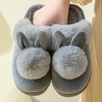 Thick Sole Winter Plush Slippers Cozy Faux Rabbit Fur Indoor House Shoes for Women & Men Couple Matching Slides with Closed Back