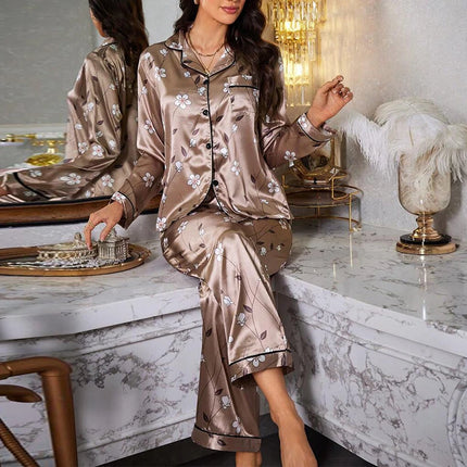 Pigiama da donna con stampa floreale color block, maniche lunghe e pantaloni in raso per un sonno confortevole, morbido pigiama e pigiama da notte