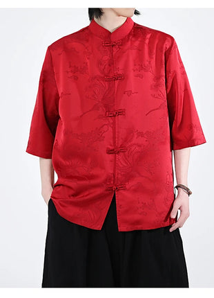 Camicie cinesi Camicia retrò in seta di ghiaccio con motivo floreale scuro Tradizionale Kung Fu Tai Chi Casual Loose Fit Top da uomo traspirante estivo
