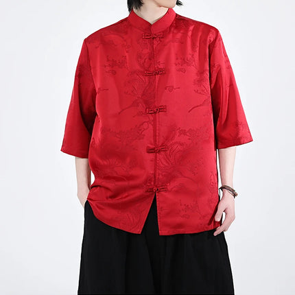 Camicie cinesi Camicia retrò in seta di ghiaccio con motivo floreale scuro Tradizionale Kung Fu Tai Chi Casual Loose Fit Top da uomo traspirante estivo