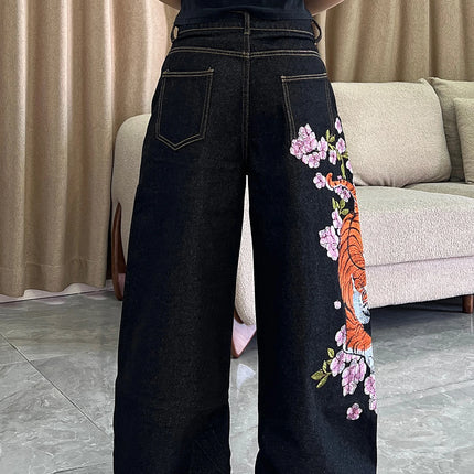1 paio di jeans larghi vintage americani con ricamo di tigre e fiori, pantaloni neri a gamba larga stile street hip-hop da donna