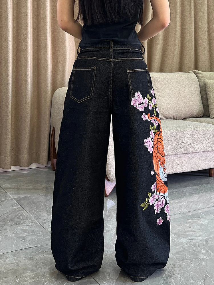 1 paio di jeans larghi vintage americani con ricamo di tigre e fiori, pantaloni neri a gamba larga s