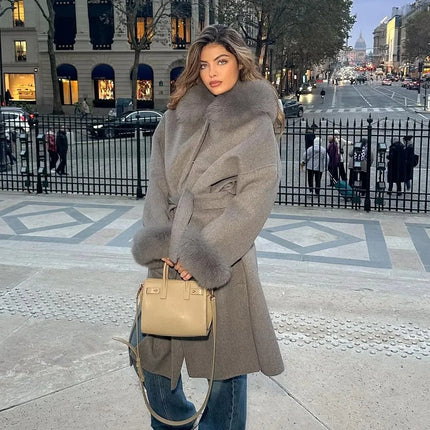 OFTBUY Omen Double Face Wool Coat Natural Fur Coat Wool Blend Jacket Winter Warm Elegant Long Sleeve Fur Cuffs Fashion Outerwear